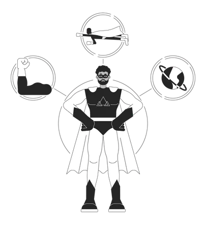 Superhero Person Archetype Bw Concept Vector Spot Illustration Afro Man Protecting World 2 D Cartoon Flat Line Monochromatic Character For Web UI Design Editable Isolated Outline Hero Image Illustration
