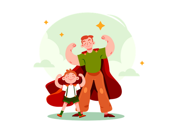 Superhero pose by son and dad  Illustration