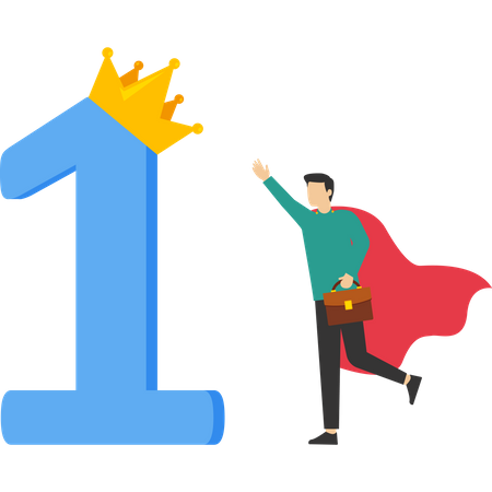 Superhero successful businessman standing with first place award with crown  イラスト