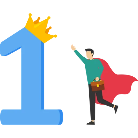Superhero successful businessman standing with first place award with crown  Illustration