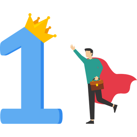 Superhero successful businessman standing with first place award with crown  Illustration