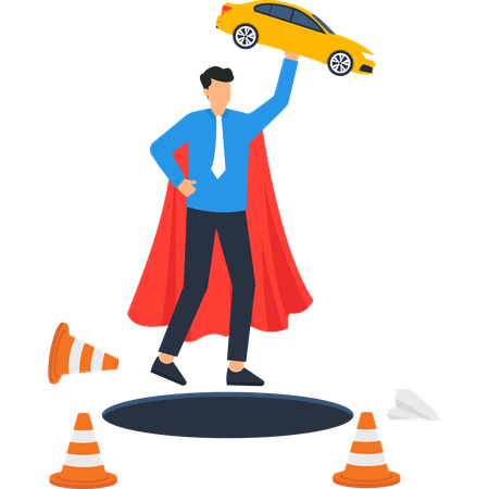 Superhero with Car Overcoming Obstacles  Illustration