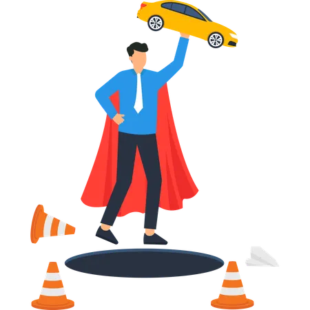 Superhero with Car Overcoming Obstacles  Illustration