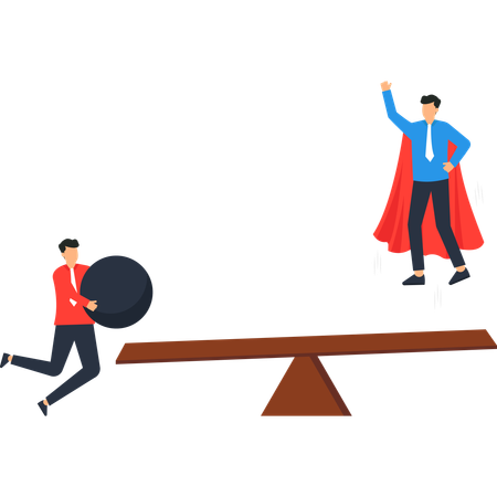 Superhéroe empresarial en un acto de equilibrio sobre un sube y baja  Ilustración