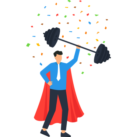 Celebración del éxito de un superhéroe levantando pesas  Ilustración