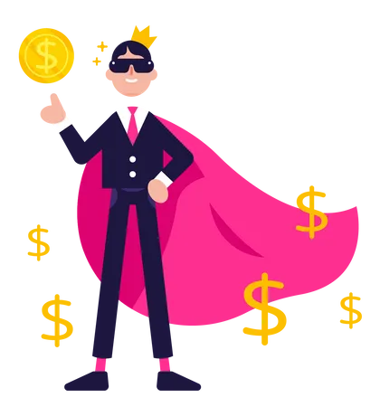 Mascota de superhéroe empresario con dinero, mascota de solución de grandes ganancias  Ilustración