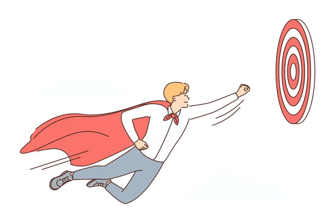 Superhéroe volando alto para alcanzar el objetivo  Ilustración