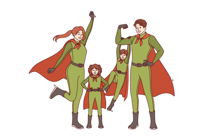 Los superhéroes con trajes verdes y capas demuestran su disposición para realizar hazañas heroicas.  Ilustración