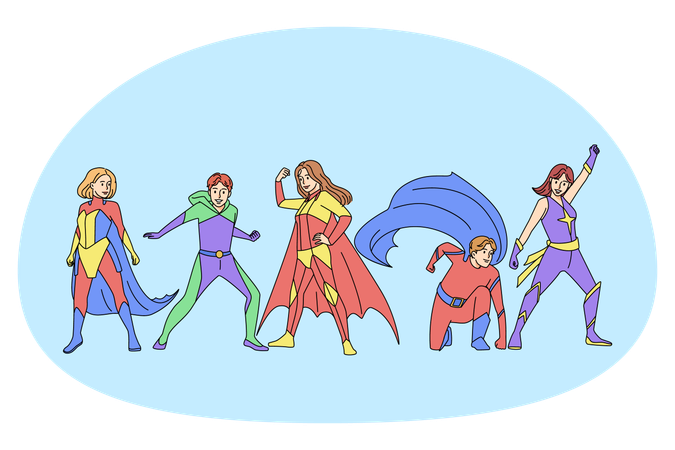Superheroes in costumes posing  Illustration