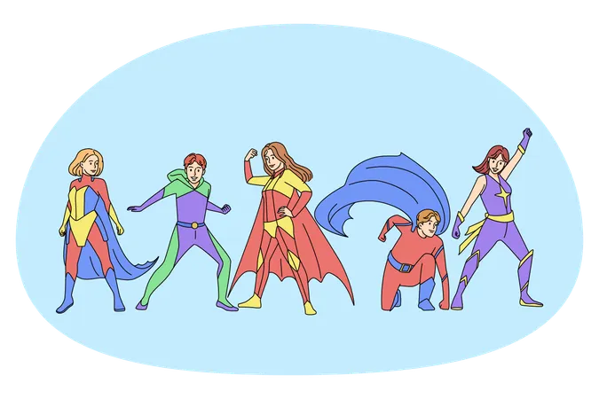 Superheroes in costumes posing  Illustration