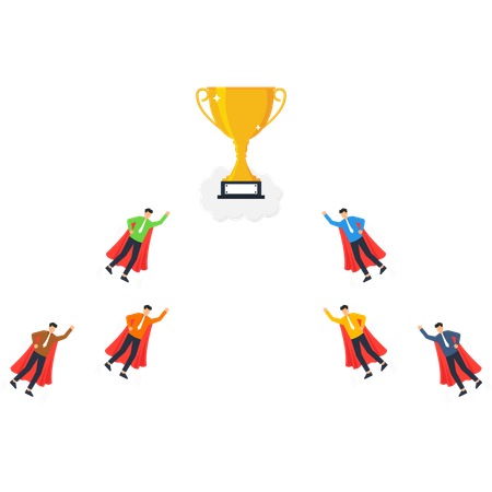 Superhéroes volando hacia un trofeo dorado  Ilustración