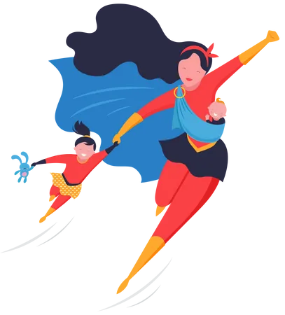 Super Mae Mae Super Heroi Voadora Carregando Um Bebe Modelo De Ilustracao Vetorial Ilustração