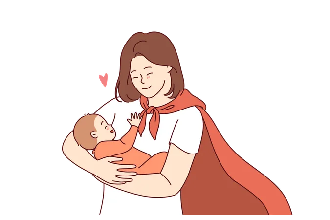 Supermãe com capa vermelha de heroína segura bebê feliz enquanto sorri e comemora o nascimento do filho tão esperado  Ilustração