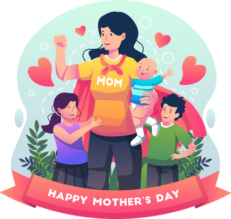 Supermãe comemora o dia das mães com seus filhos  Ilustração