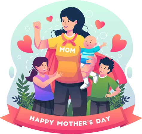 Mutter Tragt Einen Superheldenumhang Und Halt Ein Baby Supermom Feiert Muttertag Mit Ihren Kindern Flache Vektorillustration Illustration