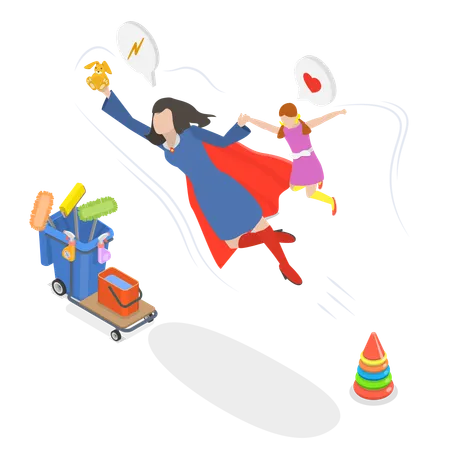 Supermaman volant avec sa fille  Illustration