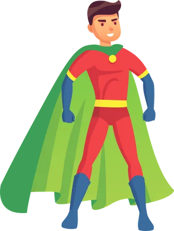 Superhelden Mann Charakter Muskuloser Cartoon Held Im Bunten Superkostum Mit Wehendem Mantel Posiert Als Action Spielzeugfigur Mutiger Gutaussehender Mann Fliegender Power Ranger Illustration