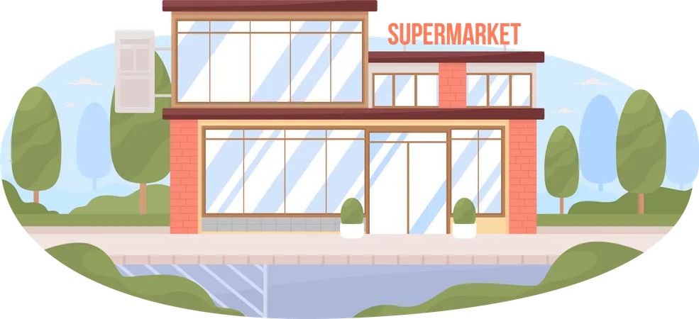 Supermarket building with glass facade Illustration