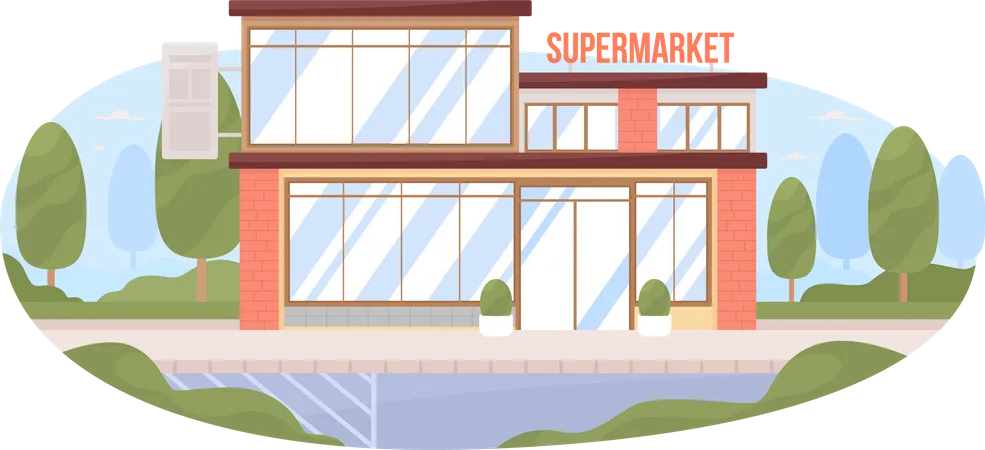 Supermarket building with glass facade  Illustration