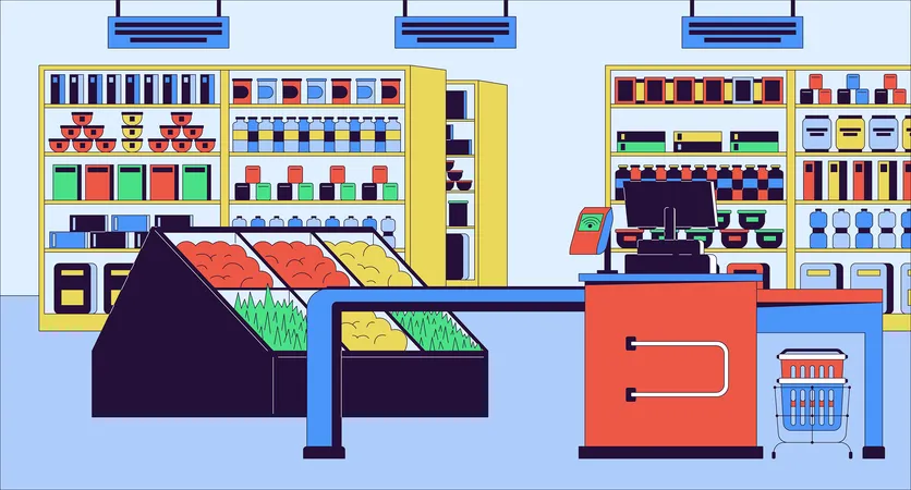 Supermarket Checkout Counter Cartoon Flat Illustration Grocery Register 2 D Line Interior Colorful Background Checkout Line With Card Payment Terminal No People Scene Vector Storytelling Image Illustration