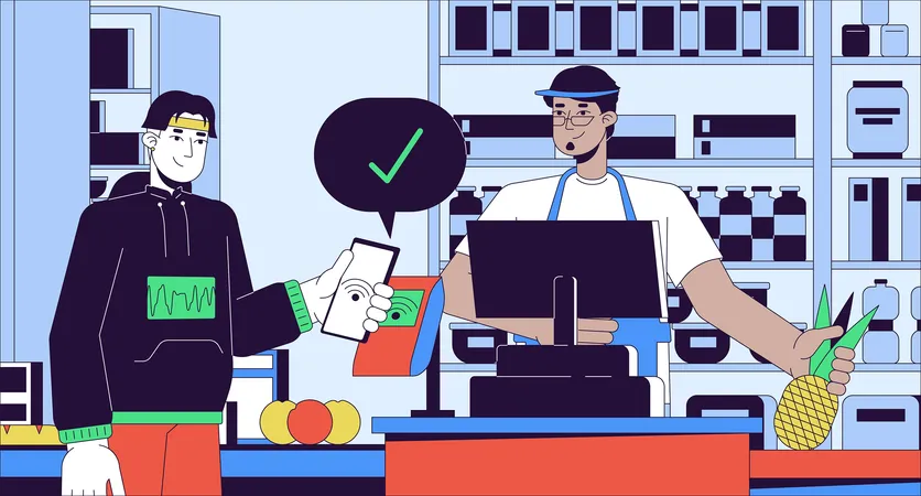 Supermarket Checkout Wireless Cartoon Flat Illustration Contactless Paying Customer With Nfc Phone 2 D Line Characters Colorful Background Cashier Assisting Client Scene Vector Storytelling Image Illustration