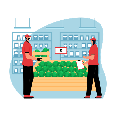 Supermarket manager keeping records of goods  Illustration