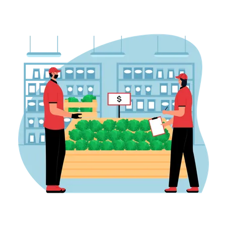 Supermarket manager keeping records of goods  Illustration