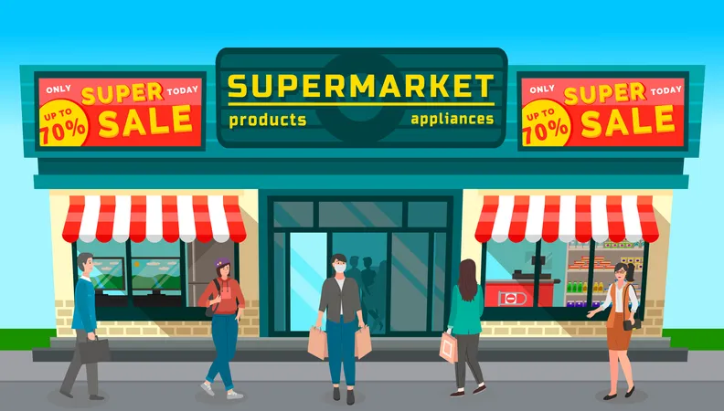 Image Of Grocery Store With Large Discount Signs Supermarket With Billboards People Shop At The Store Woman In Protective Mask Food Shopping People Walk Past A Supermarket Colorful Design Shop Illustration