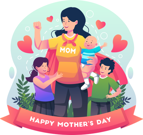 Supermom celebrates mother's day with her kids  Illustration