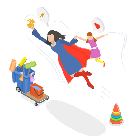 Supermom flying with her daughter  Illustration