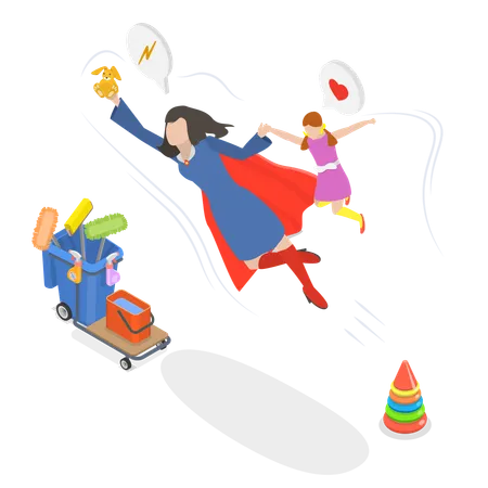 Supermom flying with her daughter  Illustration