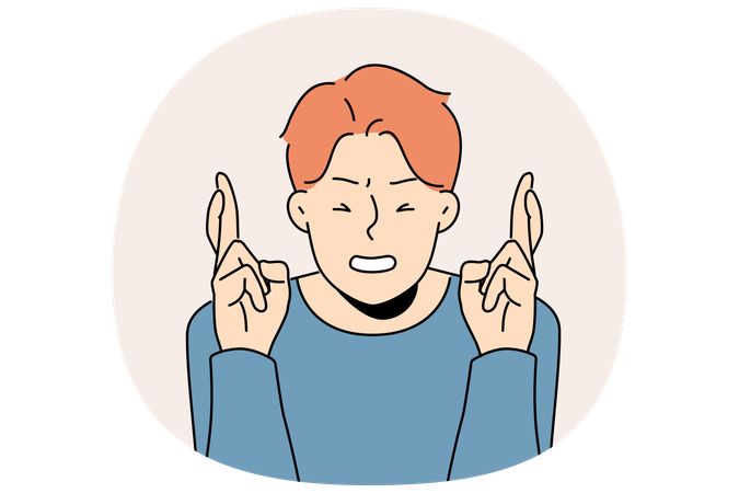 Superstitious man crosses fingers and closes eyes in hope of fulfilling wish or lucky fate  Illustration