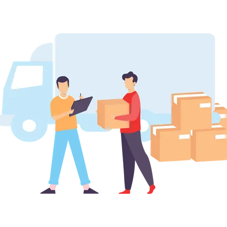 Two Mens One Holding The Parcel And The Second Mark The List Of All Delivery Boxes And A Truck Standing Behind Them Illustration