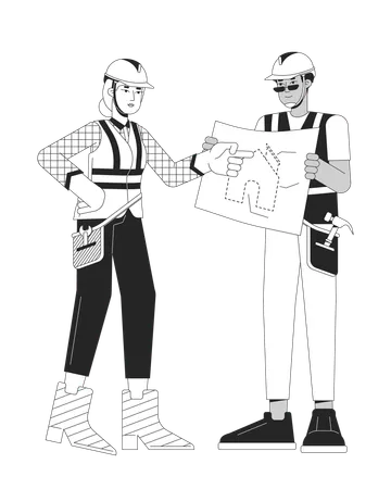 Supervisor Team Black And White Cartoon Flat Illustration Architect Woman Pointing Apartment Blueprint 2 D Lineart Characters Isolated Residential Construction Monochrome Scene Vector Outline Image Illustration