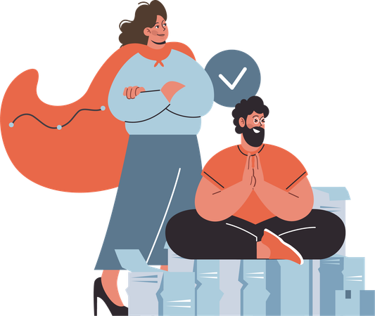 Superwoman and man checking order list  Illustration