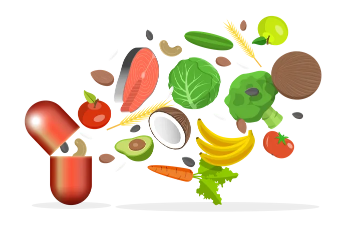 Suplemento Nutricional Vitaminas E Suplementos Dieteticos Ilustracao Conceitual De Vetor Plano Isometrico 3 D Ilustração