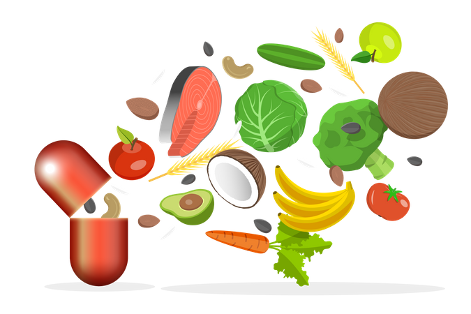 Complément nutritionnel avec vitamines et compléments alimentaires  Illustration