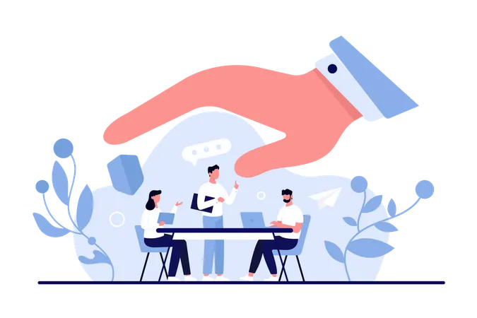 Support And Assistance From Corporate Company Manager To Employees Wellbeing Boss Or Employer Holding Giant Hand Over Tiny Working People At Desk To Protect And Care Cartoon Vector Illustration Illustration