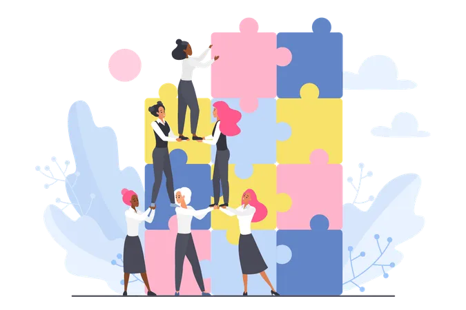 Support From Community Of Women Teamwork In Business And Career Vector Illustration Cartoon Tiny Female Employees Help Climb Up To Connect Puzzle Together Trust And Success Cooperation Of Team Illustration