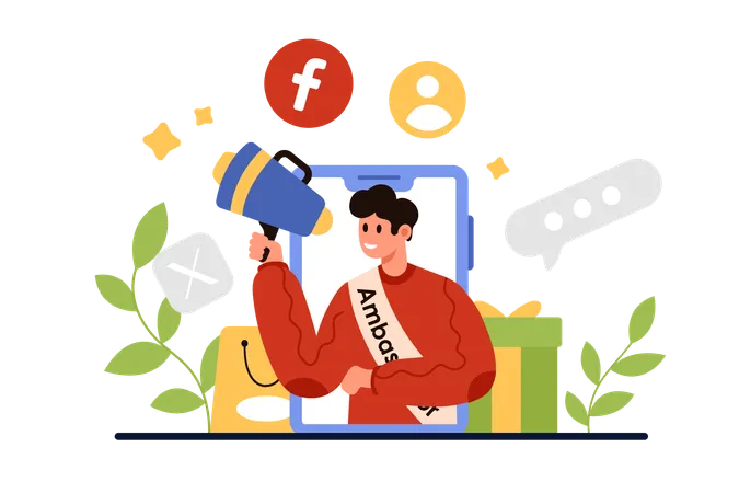Support Of Brand Ambassador In Advertising Campaign Engagement Marketing Tiny Man With Megaphone Speaking To Audience Repost And Share Brand Content From Phone Screen Cartoon Vector Illustration 일러스트레이션