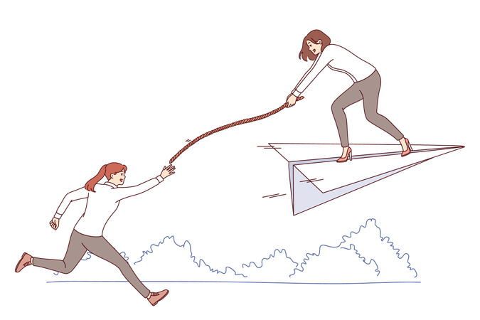 Support partner from business woman flying on paper plane extending rope to catching up colleague  Illustration