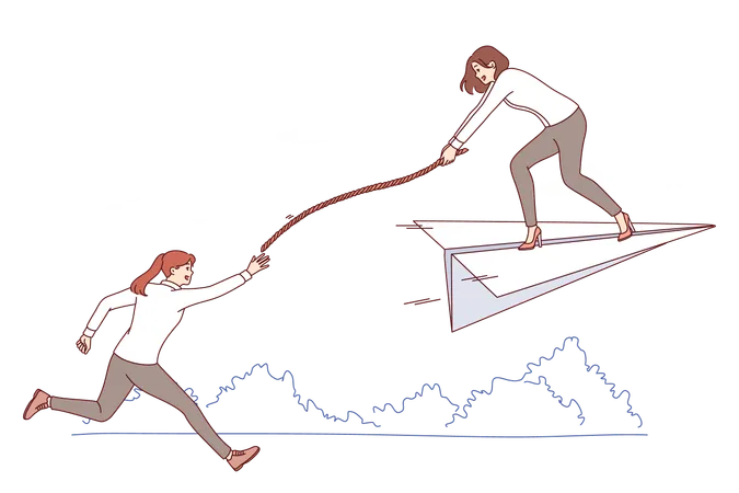 Support partner from business woman flying on paper plane extending rope to catching up colleague  Illustration