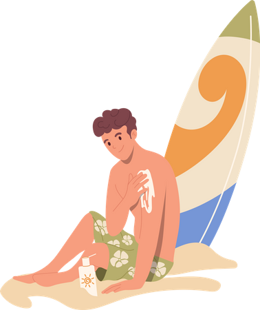 Surfer applying sunscreen before swimming  イラスト