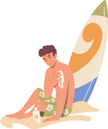 Young Sportsman Surfer Cartoon Character Applying Sunscreen Cosmetics Before Swimming On Surfboard In Sea Vector Illustration Isolated On White Background Protection From Sun On Summertime Vacation Illustration