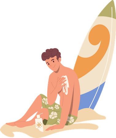 Surfer applying sunscreen before swimming  Illustration