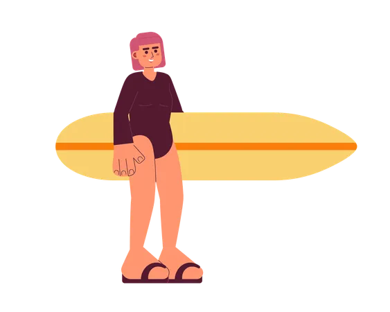 Surfer Girl Holding Surfboard Semi Flat Colorful Vector Character Surfer Wetsuit Woman Standing Editable Full Body Person On White Simple Cartoon Spot Illustration For Web Graphic Design Illustration