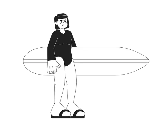 Surfer Girl Holding Surfboard Monochromatic Flat Vector Character Surfer Wetsuit Woman Standing Editable Thin Line Full Body Person On White Simple Bw Cartoon Spot Image For Web Graphic Design Illustration