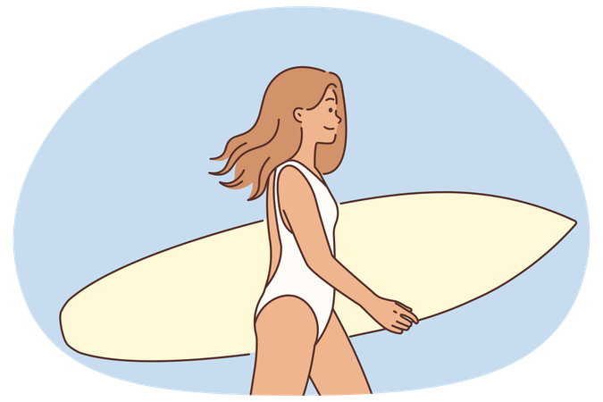Surfer girl walks holding  surfboard in her hands  Illustration
