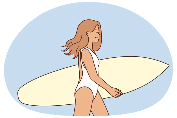 Surfer girl walks holding  surfboard in her hands  Illustration