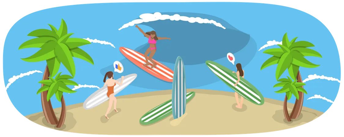 3 D Isometric Flat Vector Conceptual Illustration Of Surfer Girls Surfboards On The Beach With Palm Trees Illustration